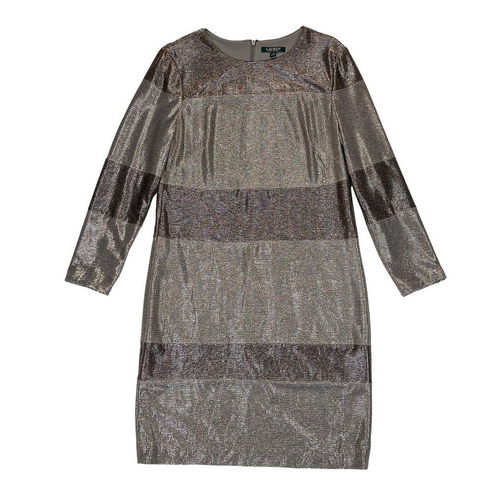 Lauren Ralph Lauren Dilia Sheath Dress Womens 12 Gold Metallic Party Holiday